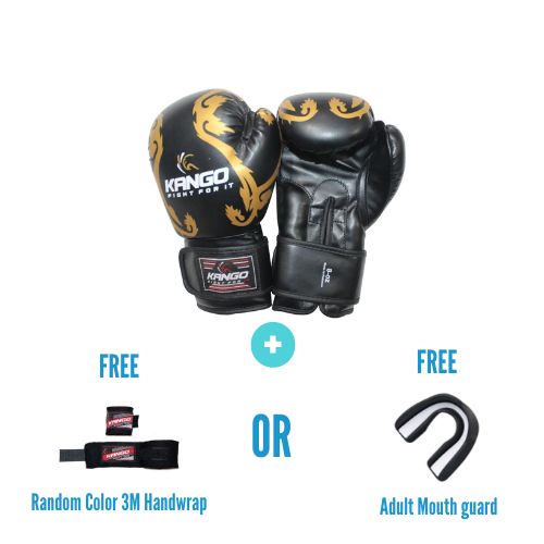 Kango Martial Arts Unisex Adult Black Leather Boxing Gloves + 3 Meters Bandage or Mouth Guard WS